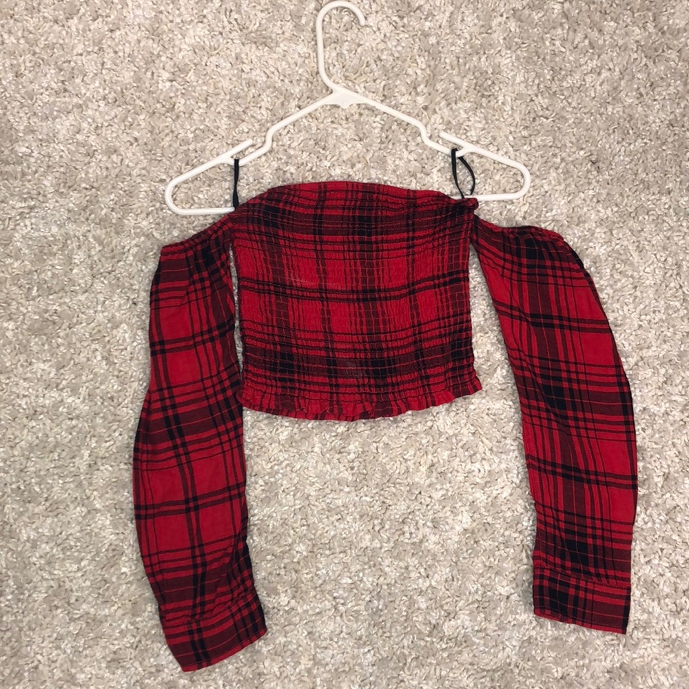Flannel off the shoulder crop top